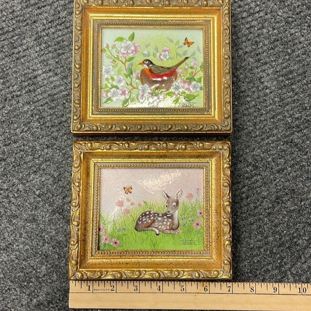 Vintage Lorraine Trester Enamel-on-Copper Baby Dear Bird Sweet Floral Artwork - Picture 6 of 6